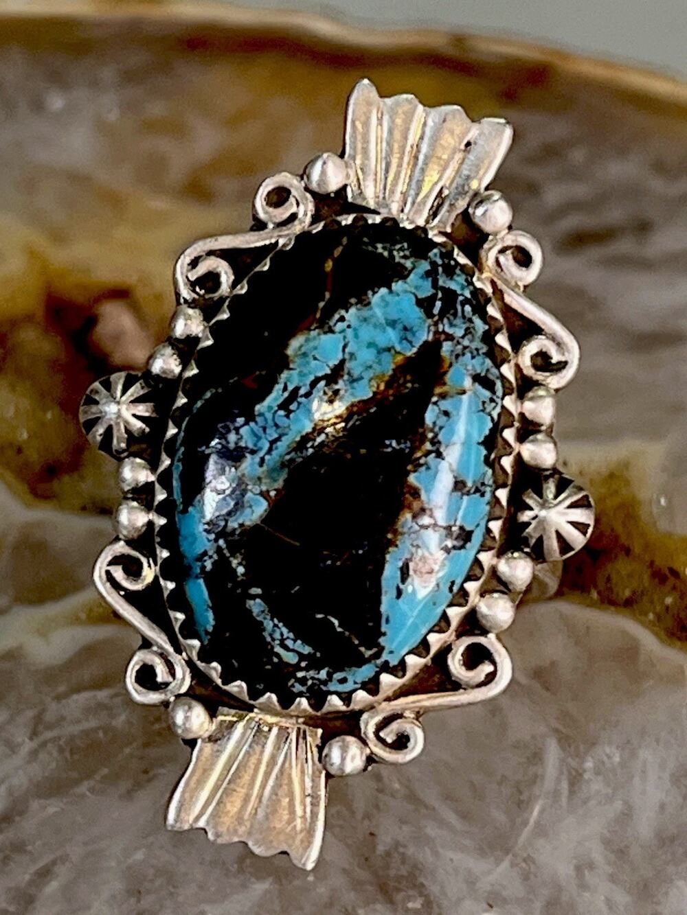 Blue Moon Turquoise Sterling Silver Ring Southwestern Statement Adjustable 9.5g